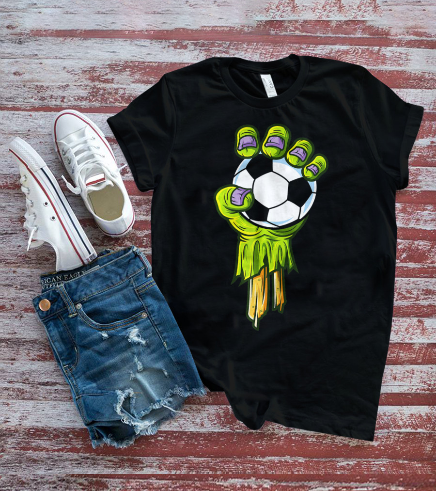 Zombie Hands Grabbing Soccer Ball Funny Horror Scary T-Shirt