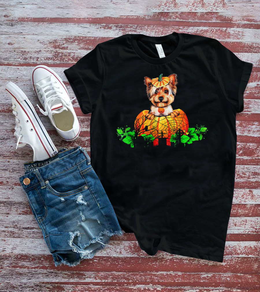 Yorkie Puppy With Pumpkin And Green Leaves Halloween T-Shirt