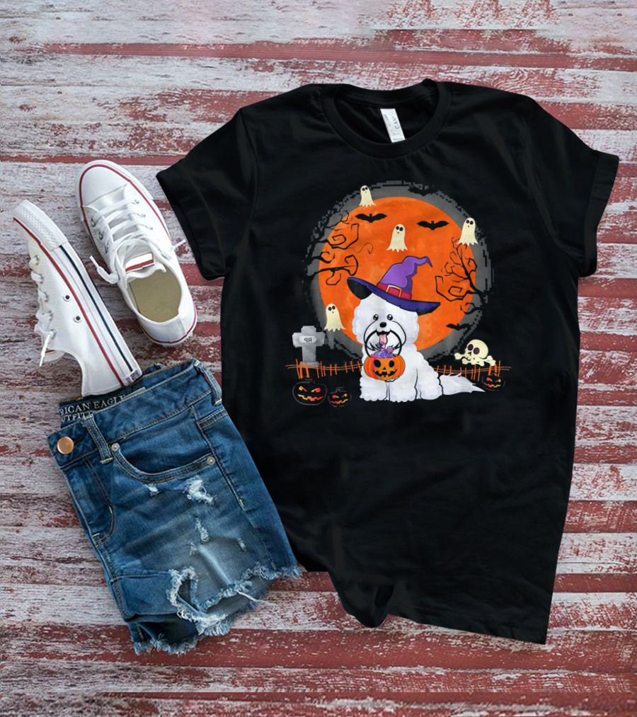 Bichon Frise Dog Witch Halloween Ghosts Jack-o'-Lantern T-Shirt