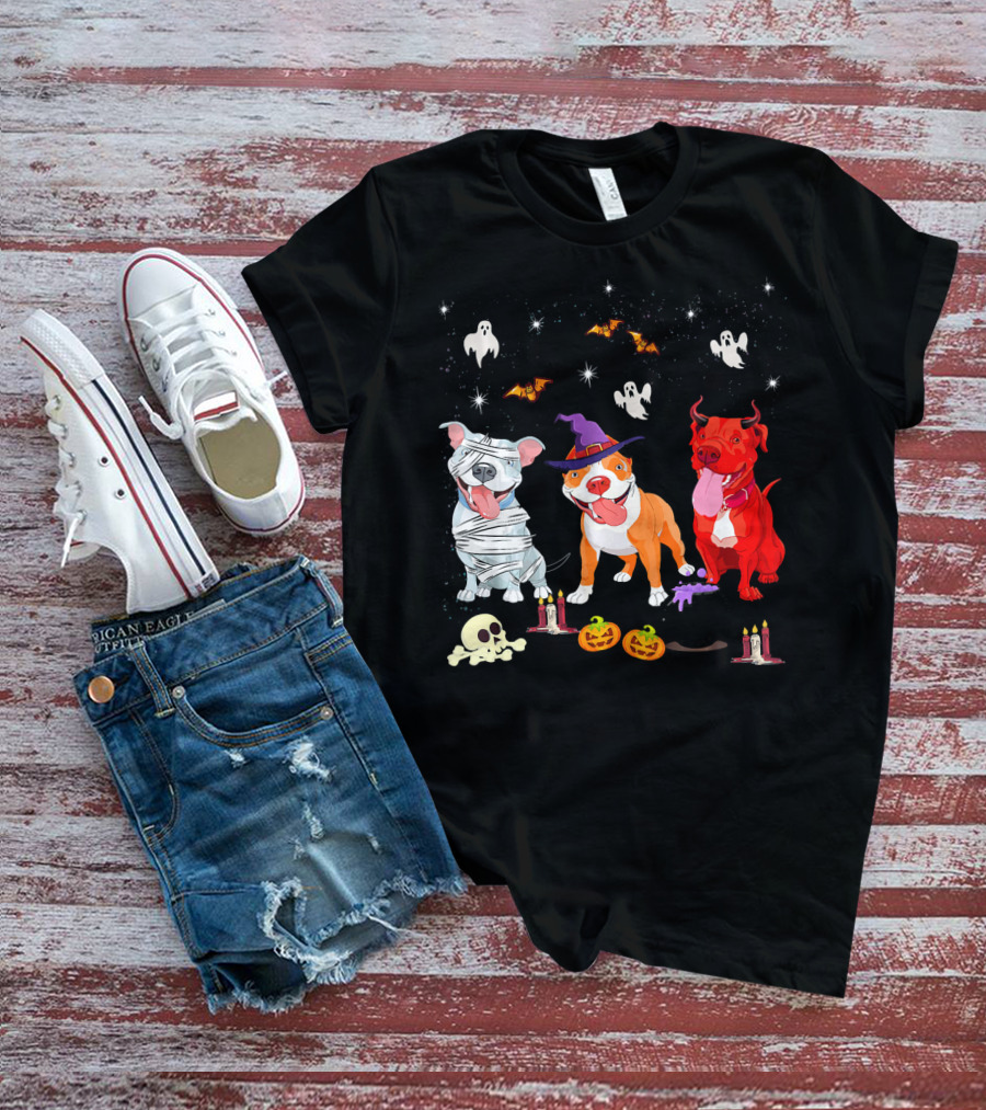 Three Pitbulls Halloween Ghosts Bats Pumpkins Candles Skulls Stars T-Shirt