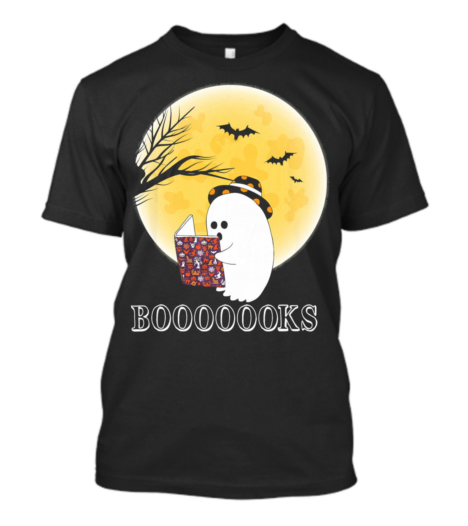 Booooooks Boo Ghost Reading Under The Full Moon Halloween T-Shirt