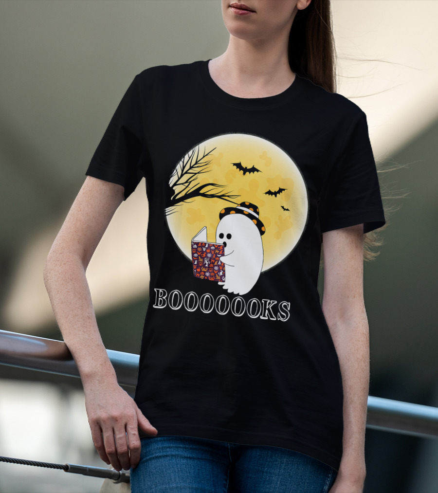 Booooooks Boo Ghost Reading Under The Full Moon Halloween T-Shirt