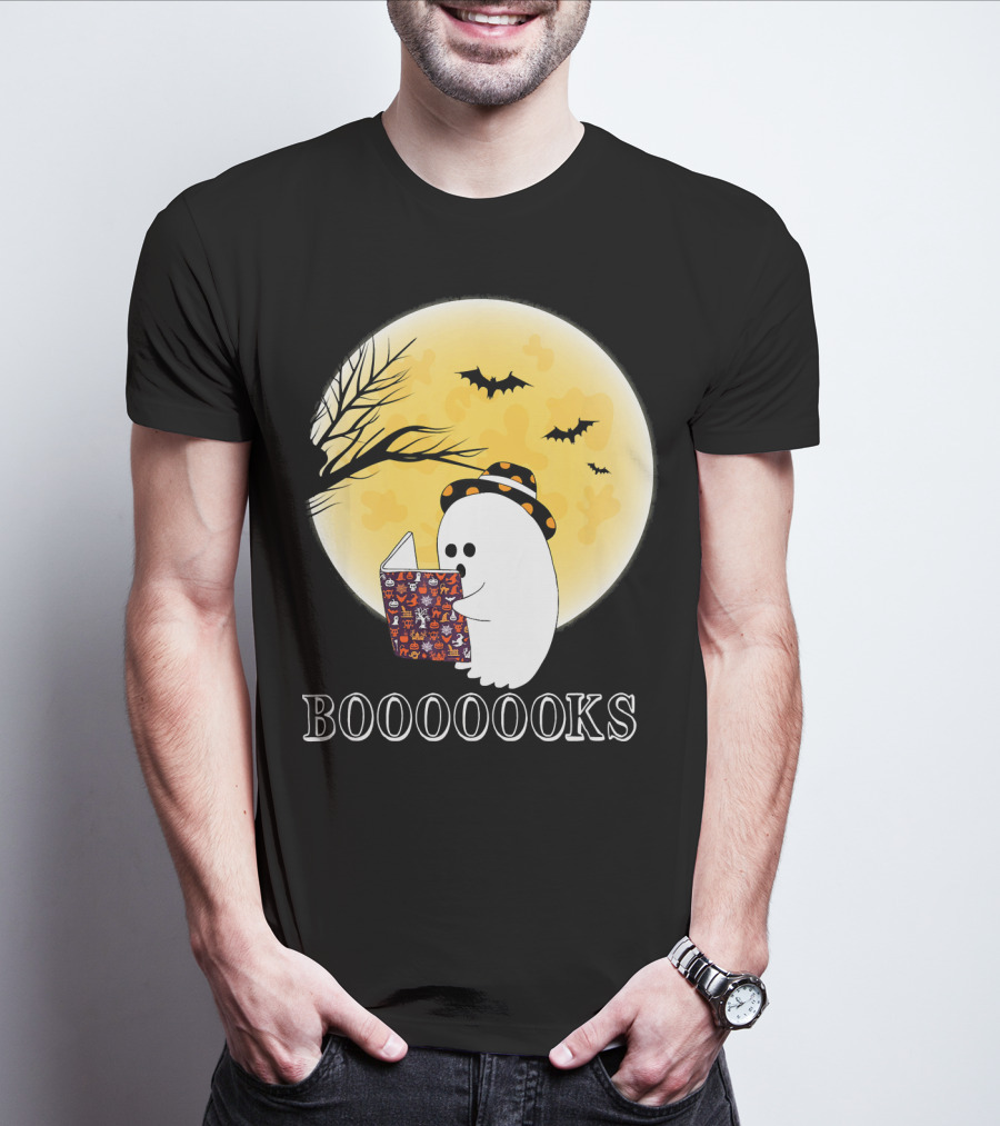 Booooooks Boo Ghost Reading Under The Full Moon Halloween T-Shirt