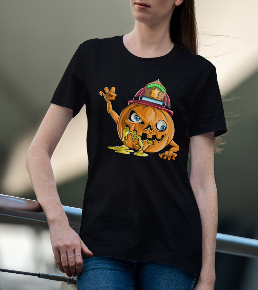 Zombie Pumpkin Firefighter Halloween Jack-O'-Lantern With Fireman's Helmet T-Shirt