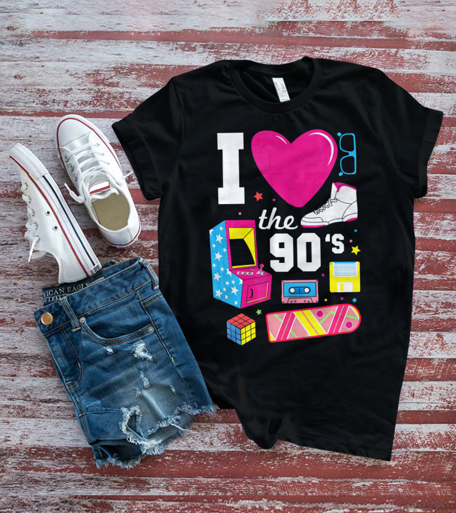 I Love The 90s Retro Arcade Cassette Sneaker Skateboard Rubik's Cube Floppy Disk T-Shirt