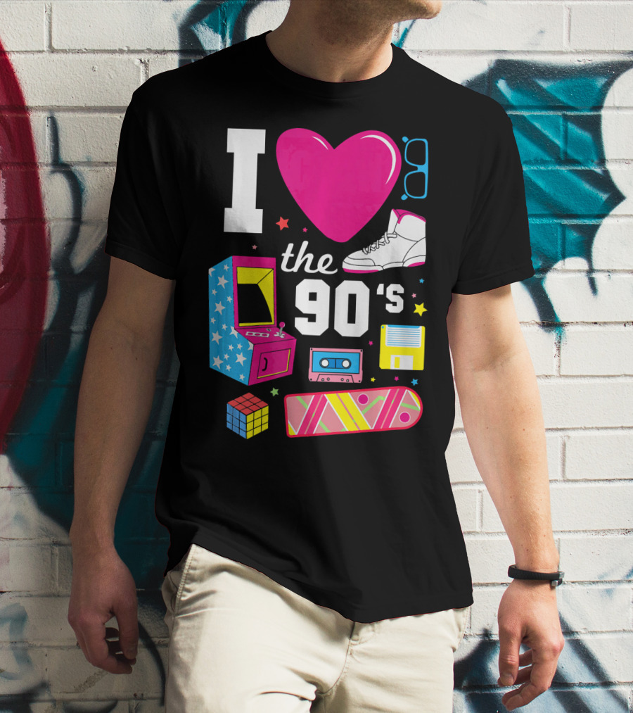 I Love The 90s Retro Arcade Cassette Sneaker Skateboard Rubik's Cube Floppy Disk T-Shirt