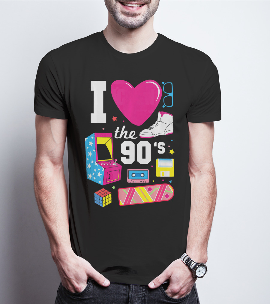 I Love The 90s Retro Arcade Cassette Sneaker Skateboard Rubik's Cube Floppy Disk T-Shirt