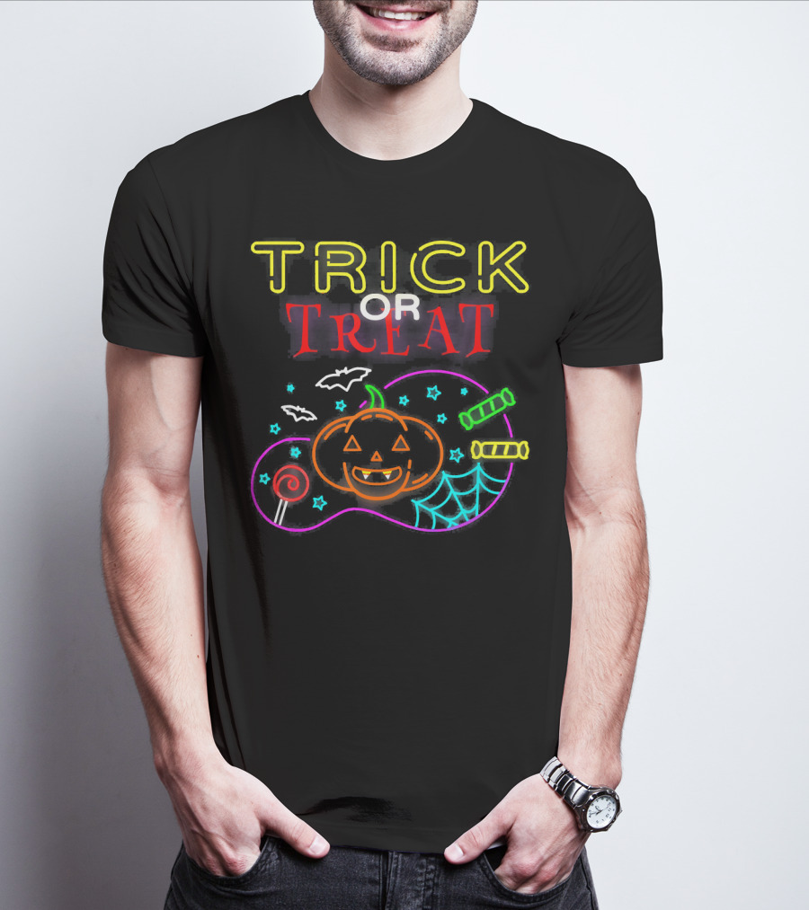 TRICK OR TREAT Scary Halloween Pumpkin Candy Bats Web Neon T-Shirt