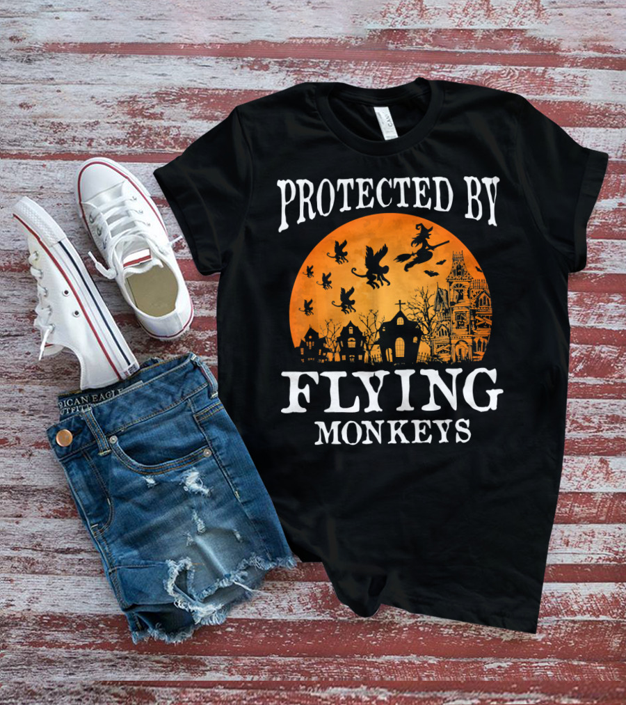 Protected By Flying Monkeys Halloween Witch Silhouette Orange Moon Mansion Scene T-Shirt