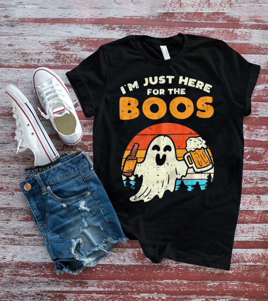 I'm Just Here For The Boos Retro Ghost With Drink And Bee T-Shirt