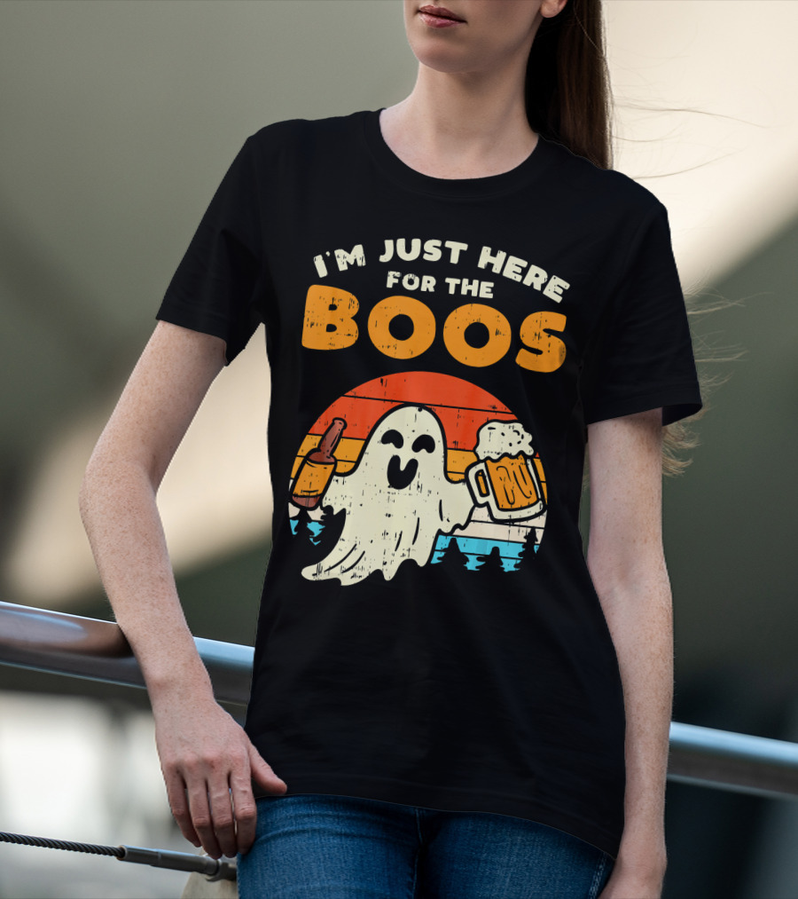 I'm Just Here For The Boos Retro Ghost With Drink And Bee T-Shirt