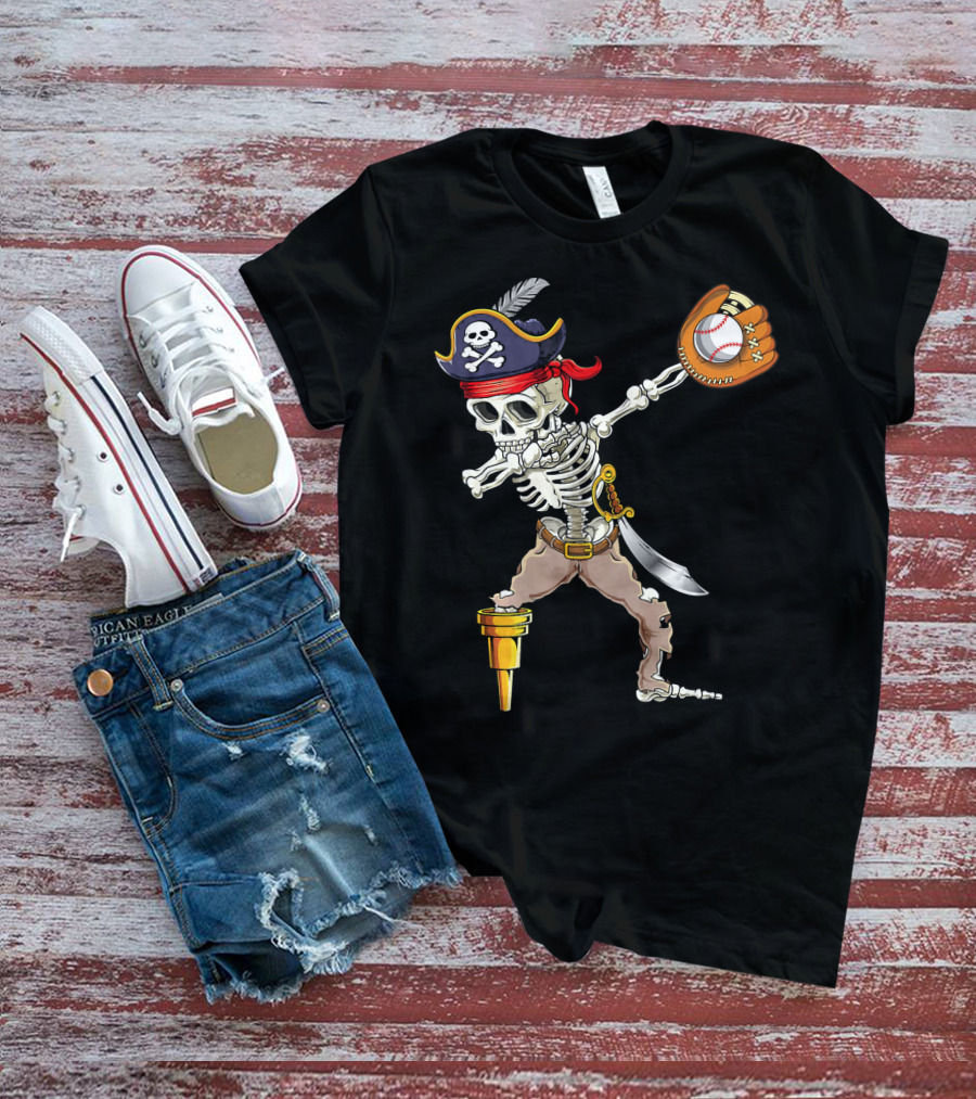 Pirate Skeleton Dabbing With Baseball Glove And Ball T-Shirt
