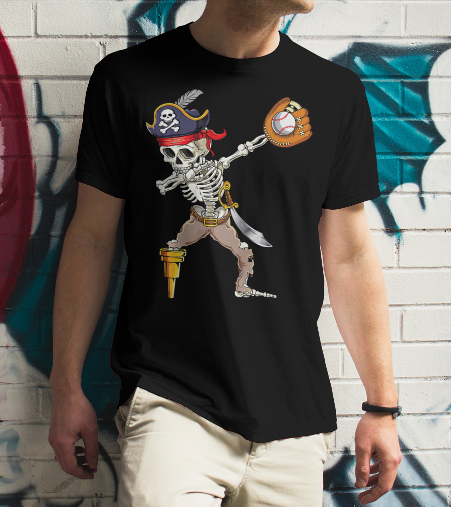 Pirate Skeleton Dabbing With Baseball Glove And Ball T-Shirt