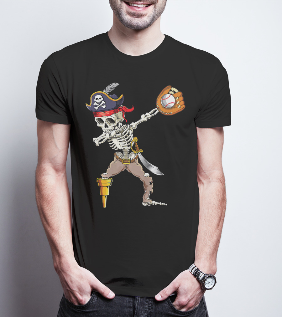 Pirate Skeleton Dabbing With Baseball Glove And Ball T-Shirt