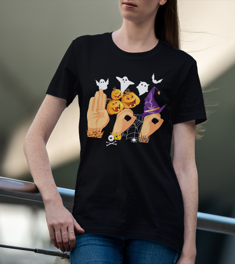 ASL Boo Sign Language Ghosts Pumpkins Witch Hat Halloween T-Shirt