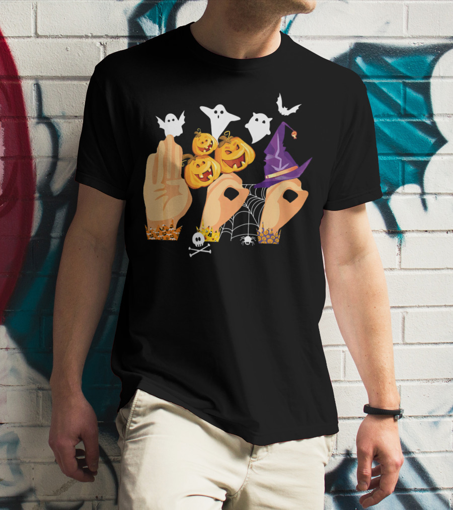 ASL Boo Sign Language Ghosts Pumpkins Witch Hat Halloween T-Shirt