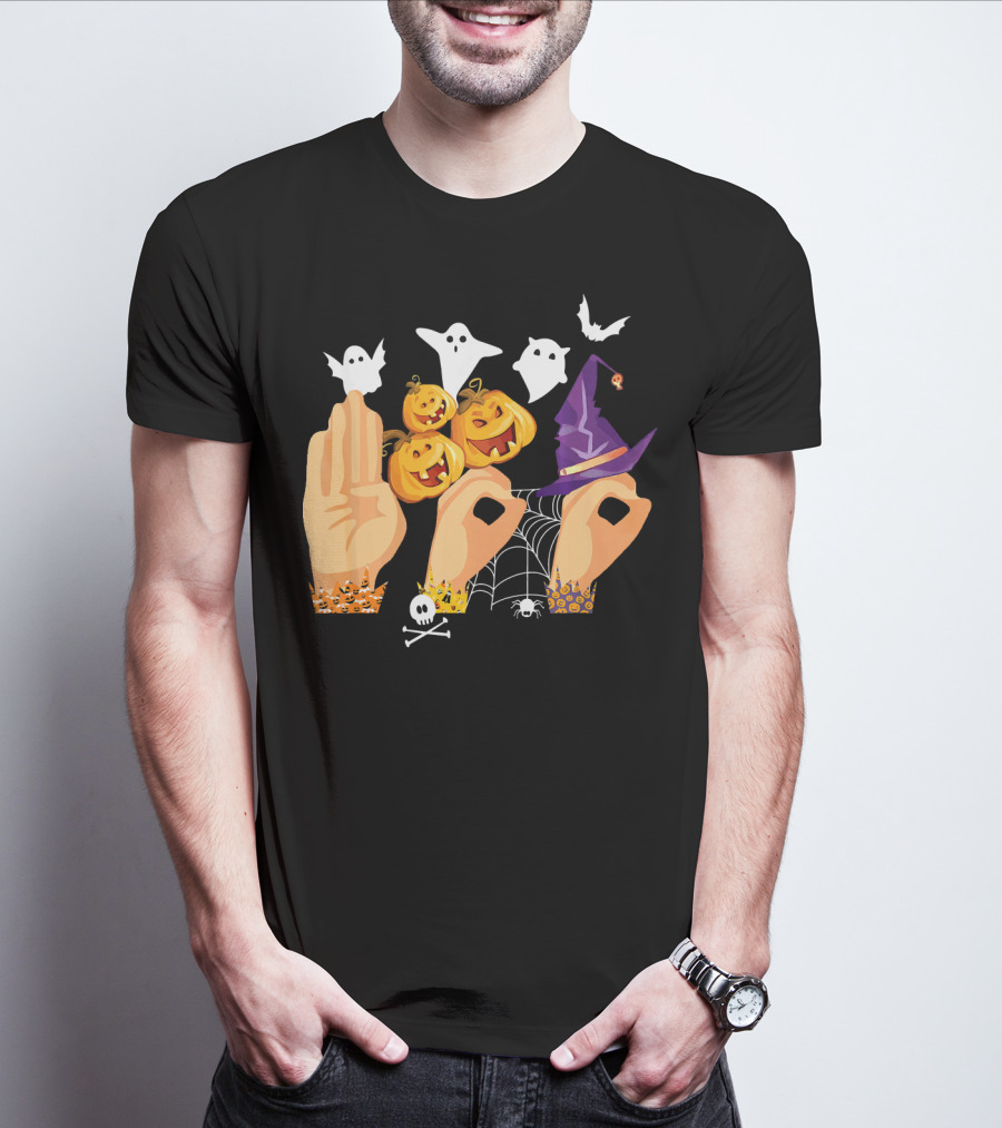 ASL Boo Sign Language Ghosts Pumpkins Witch Hat Halloween T-Shirt