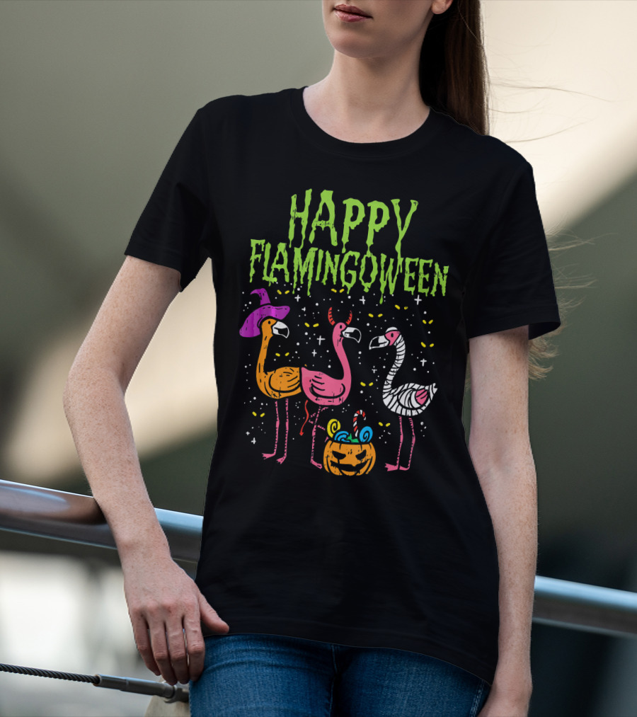 Happy Flamingoween Witch, Devil, Mummy Flamingo Halloween Pumpkin Candy T-Shirt