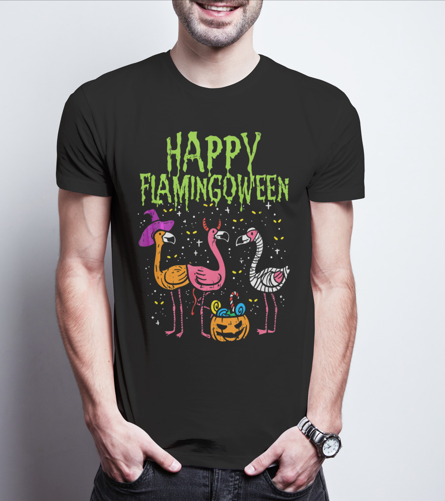 Happy Flamingoween Witch, Devil, Mummy Flamingo Halloween Pumpkin Candy T-Shirt