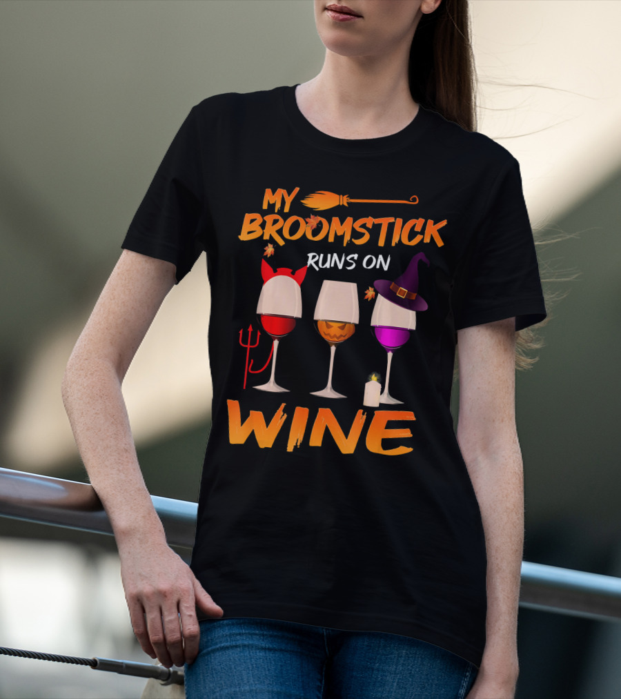 My Broomstick Runs On Wine Halloween Glasses T-Shirt