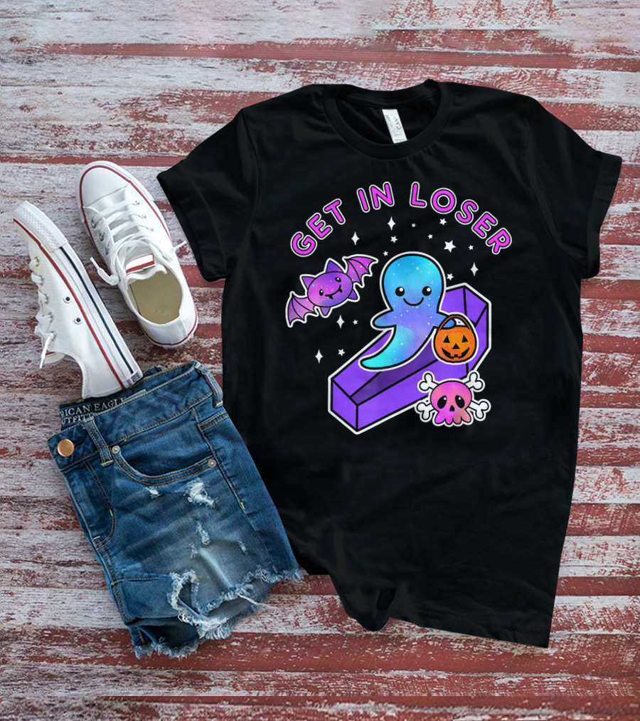 Get In Loser Kawaii Pastel Goth Halloween Ghost Coffin With Bat And Pumpkin T-Shirt