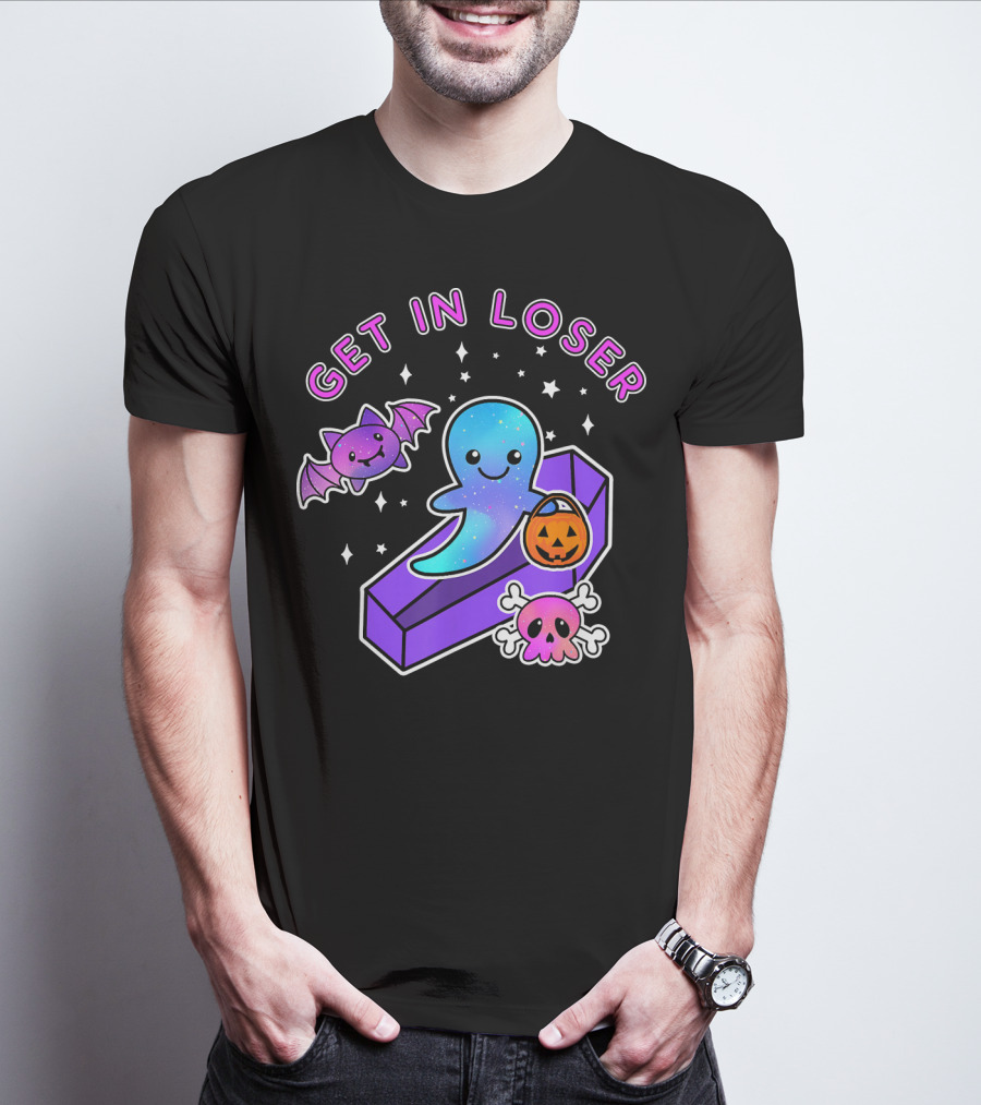Get In Loser Kawaii Pastel Goth Halloween Ghost Coffin With Bat And Pumpkin T-Shirt
