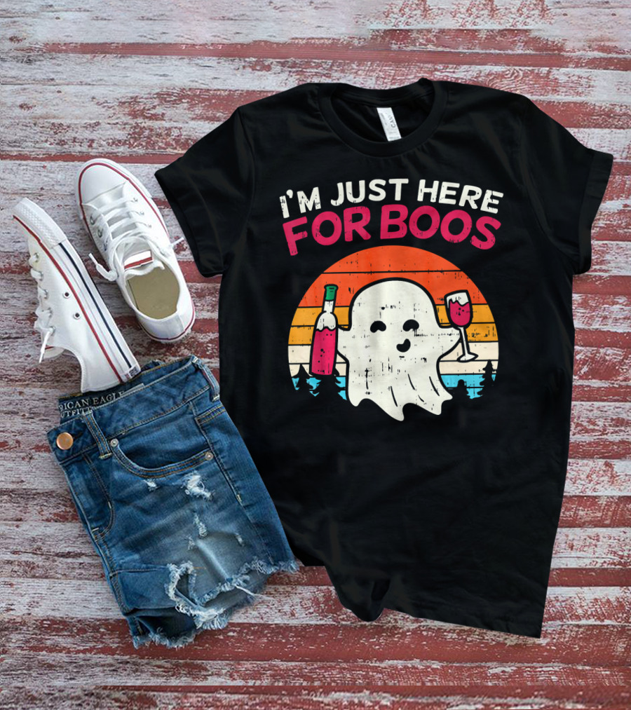 I'm Just Here For Boos Retro Ghost Wine Vintage T-Shirt