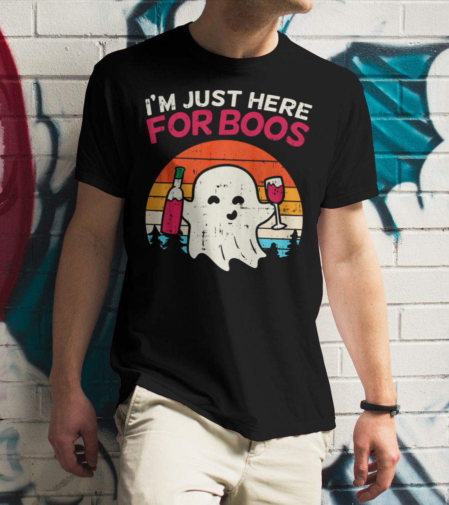 I'm Just Here For Boos Retro Ghost Wine Vintage T-Shirt