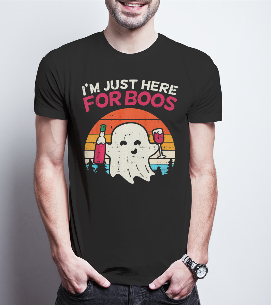 I'm Just Here For Boos Retro Ghost Wine Vintage T-Shirt