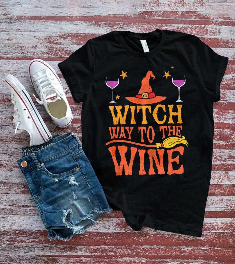 Witch Way To The Wine With Hat, Stars, Glasses, And Broomstick T-Shirt