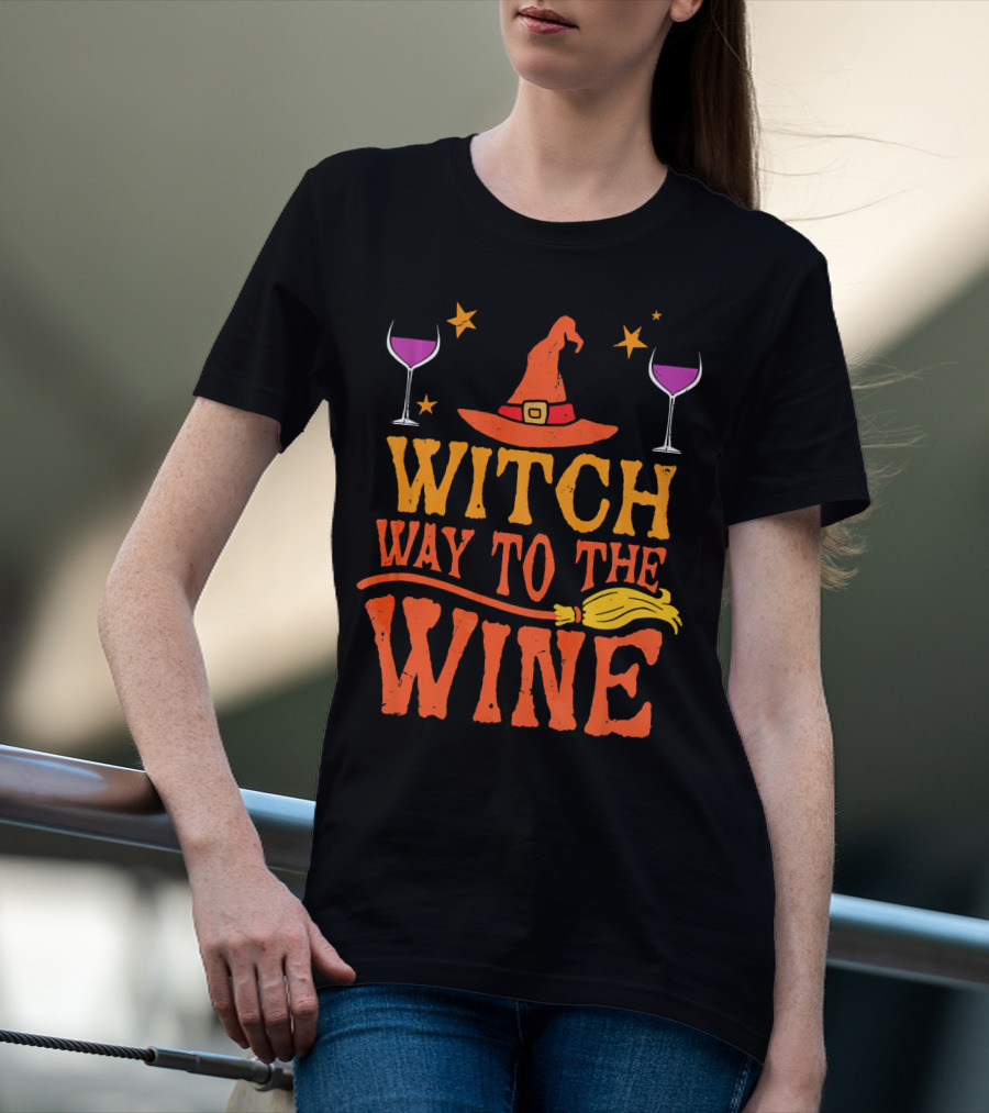 Witch Way To The Wine With Hat, Stars, Glasses, And Broomstick T-Shirt