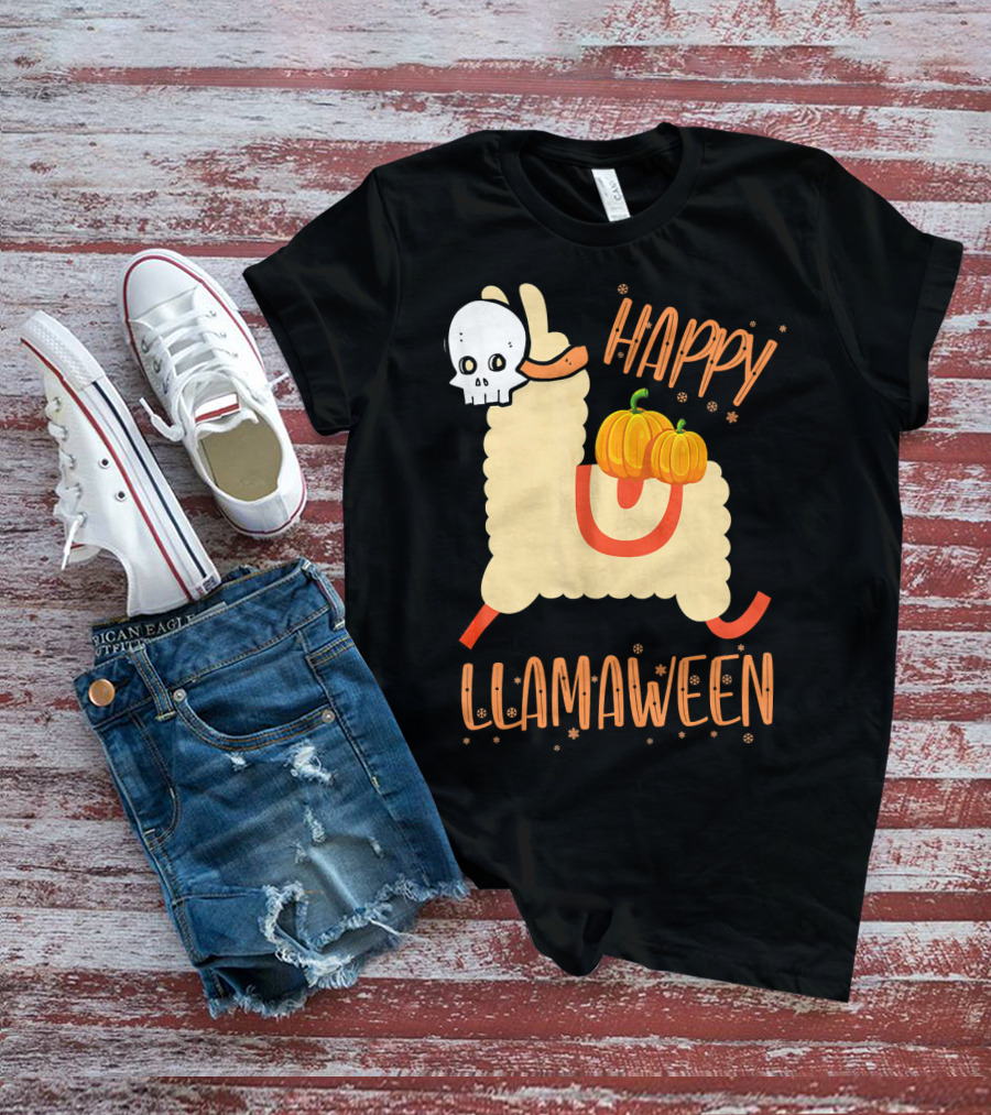 Happy Llamaween Funny Halloween Llama With Pumpkins T-Shirt