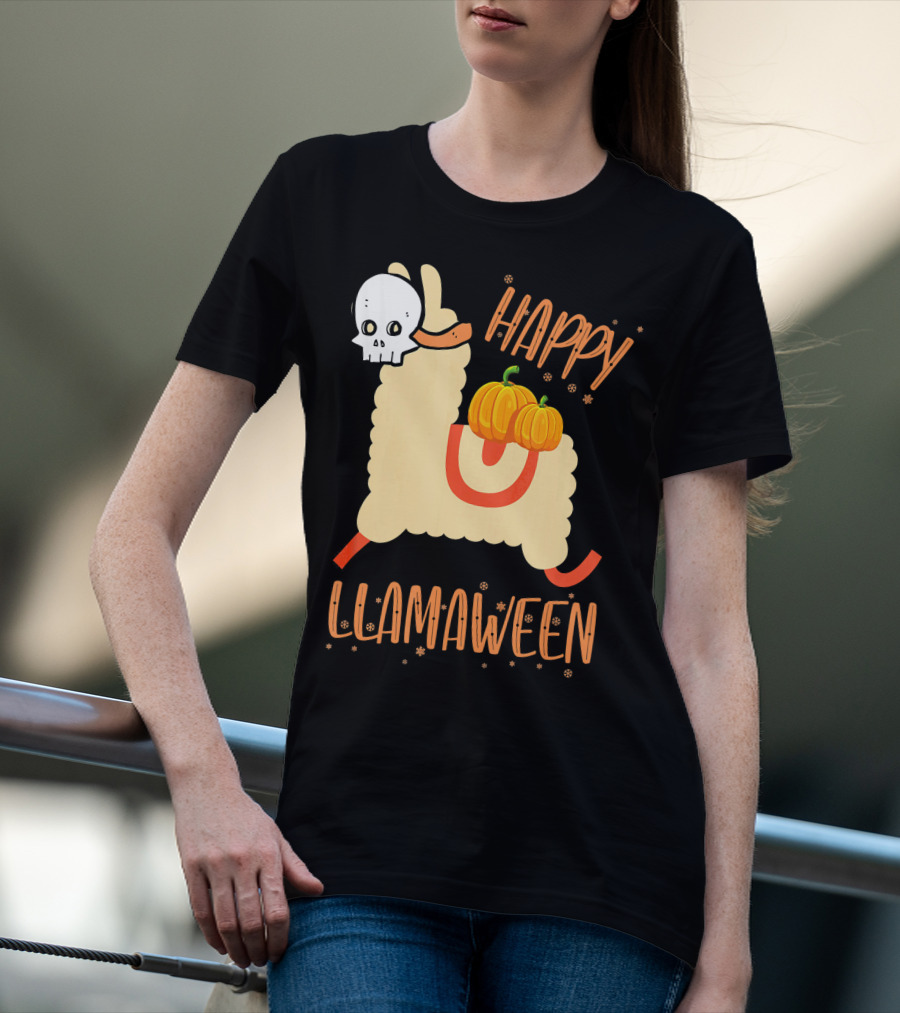 Happy Llamaween Funny Halloween Llama With Pumpkins T-Shirt