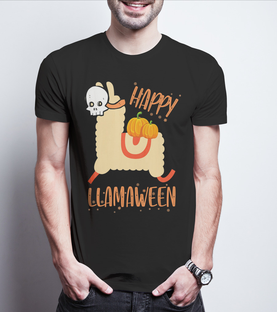 Happy Llamaween Funny Halloween Llama With Pumpkins T-Shirt
