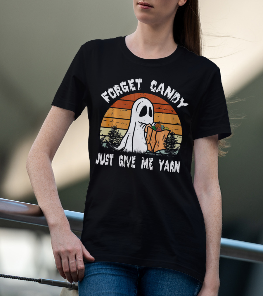 Forget Candy Just Give Me Yarn Ghost With Retro Sunset And Trees T-Shirt