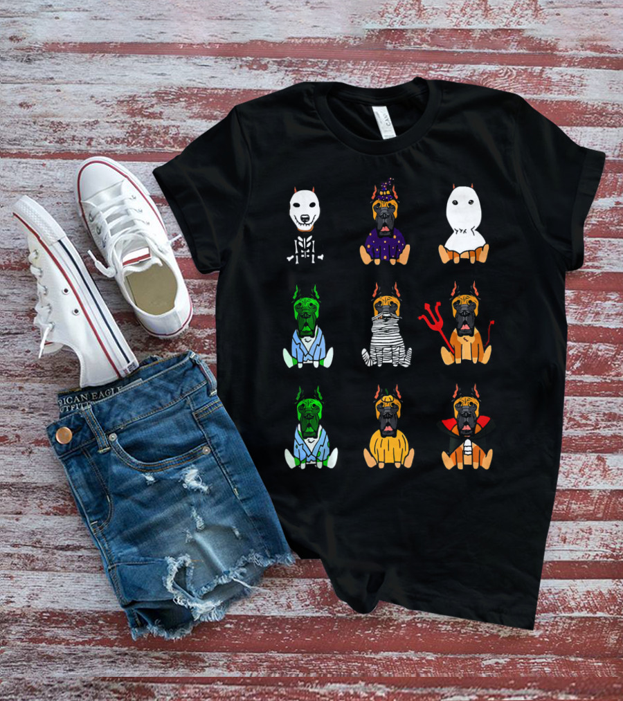 Great Dane Dog Lover Halloween Costume Grid Featuring Skeleton, Witch, Ghost, Frankenstein, Mummy, Devil, Dracula, And More T-Shirt
