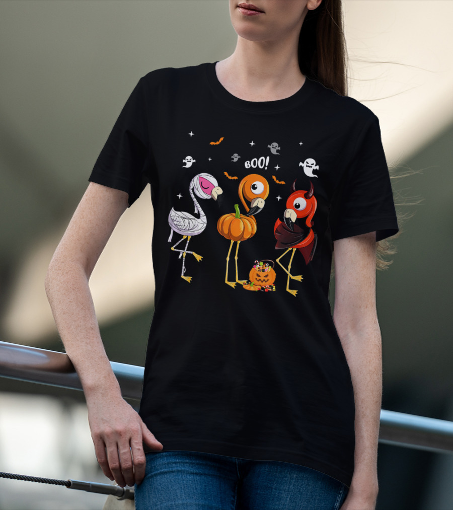 Funny Three Halloween Boo Flamingoes Pumpkin Ghosts T-Shirt