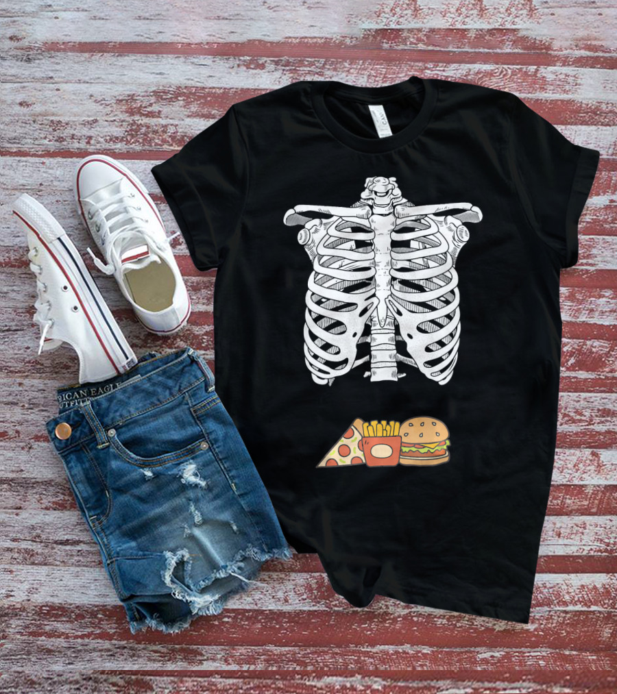 Skeleton Eating Pizza Fries And Burger T-Shirt