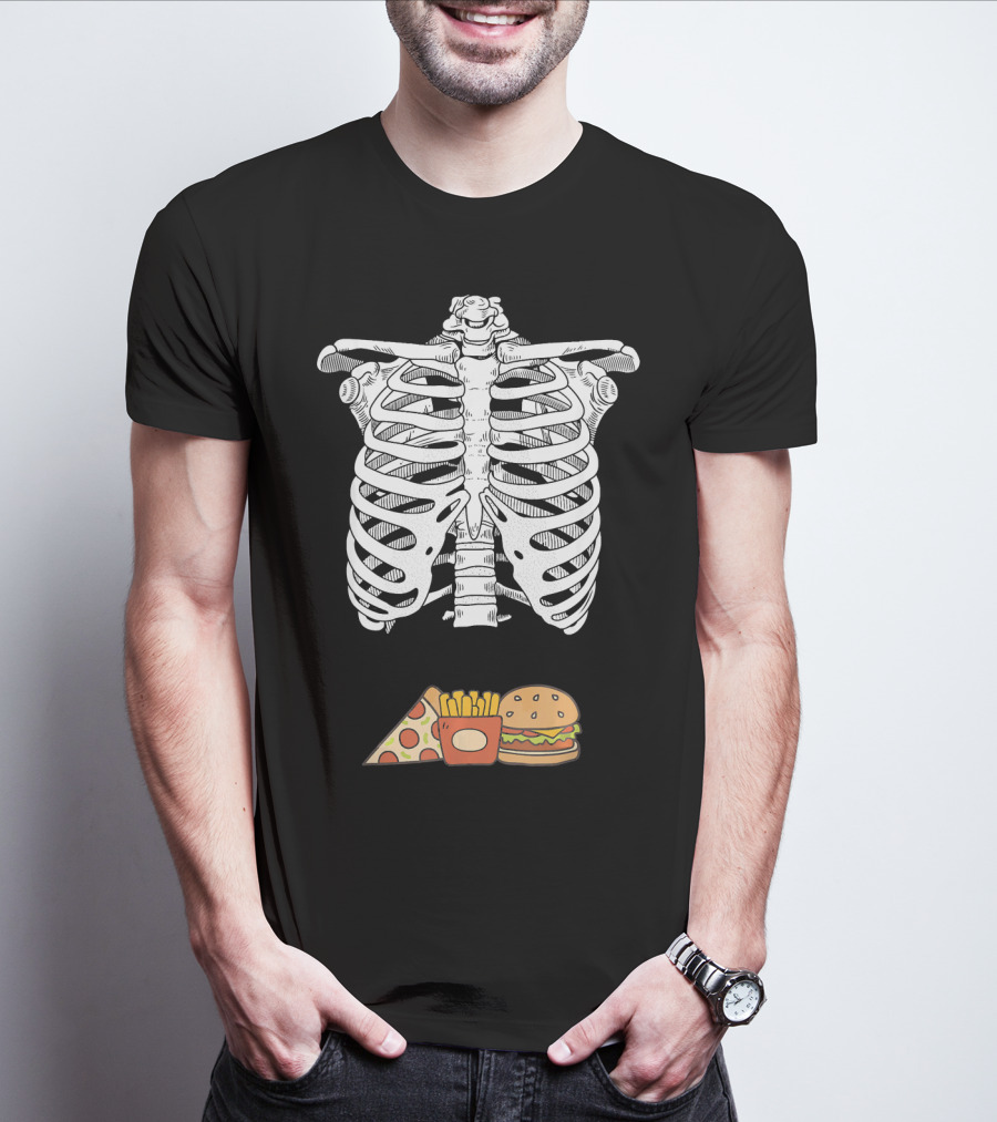 Skeleton Eating Pizza Fries And Burger T-Shirt