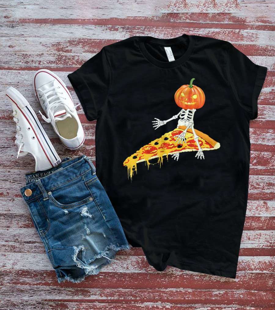 Pumpkin Head Skeleton Sitting On Pizza Slice With Pepperoni T-Shirt