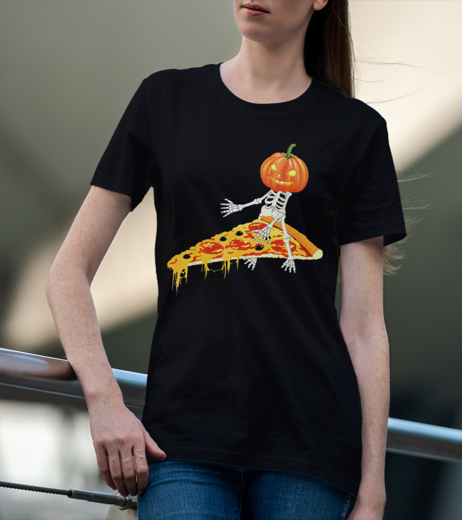 Pumpkin Head Skeleton Sitting On Pizza Slice With Pepperoni T-Shirt