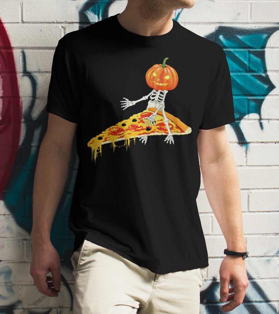 Pumpkin Head Skeleton Sitting On Pizza Slice With Pepperoni T-Shirt