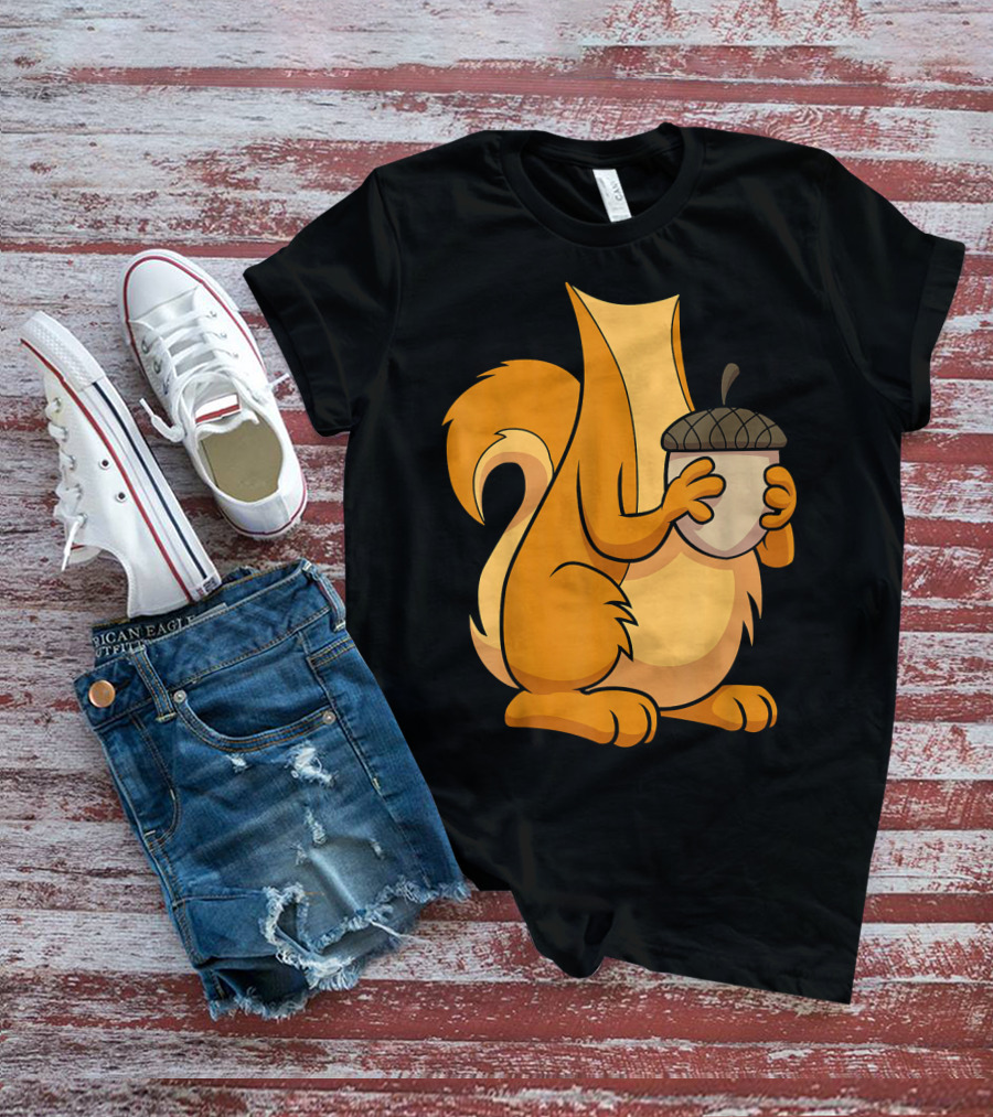 Squirrel Holding Acorn Cartoon T-Shirt