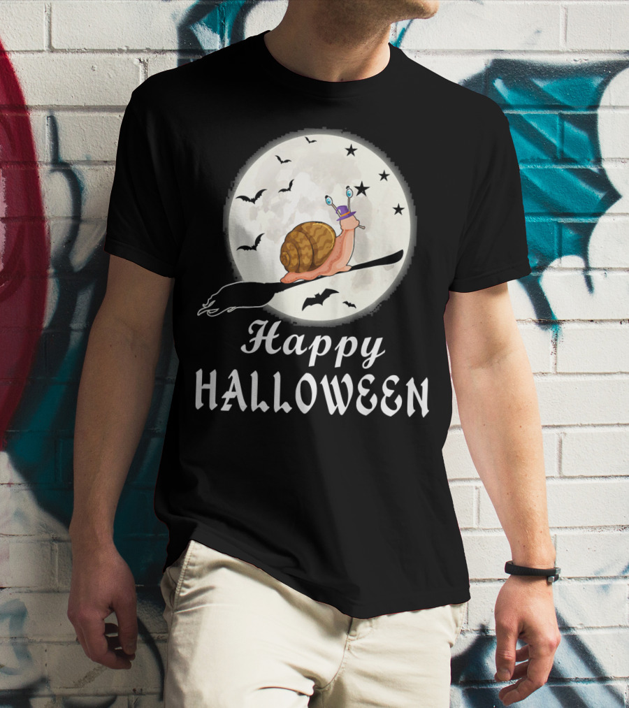Happy Halloween Snail Riding Broomstick With Full Moon And Bats T-Shirt