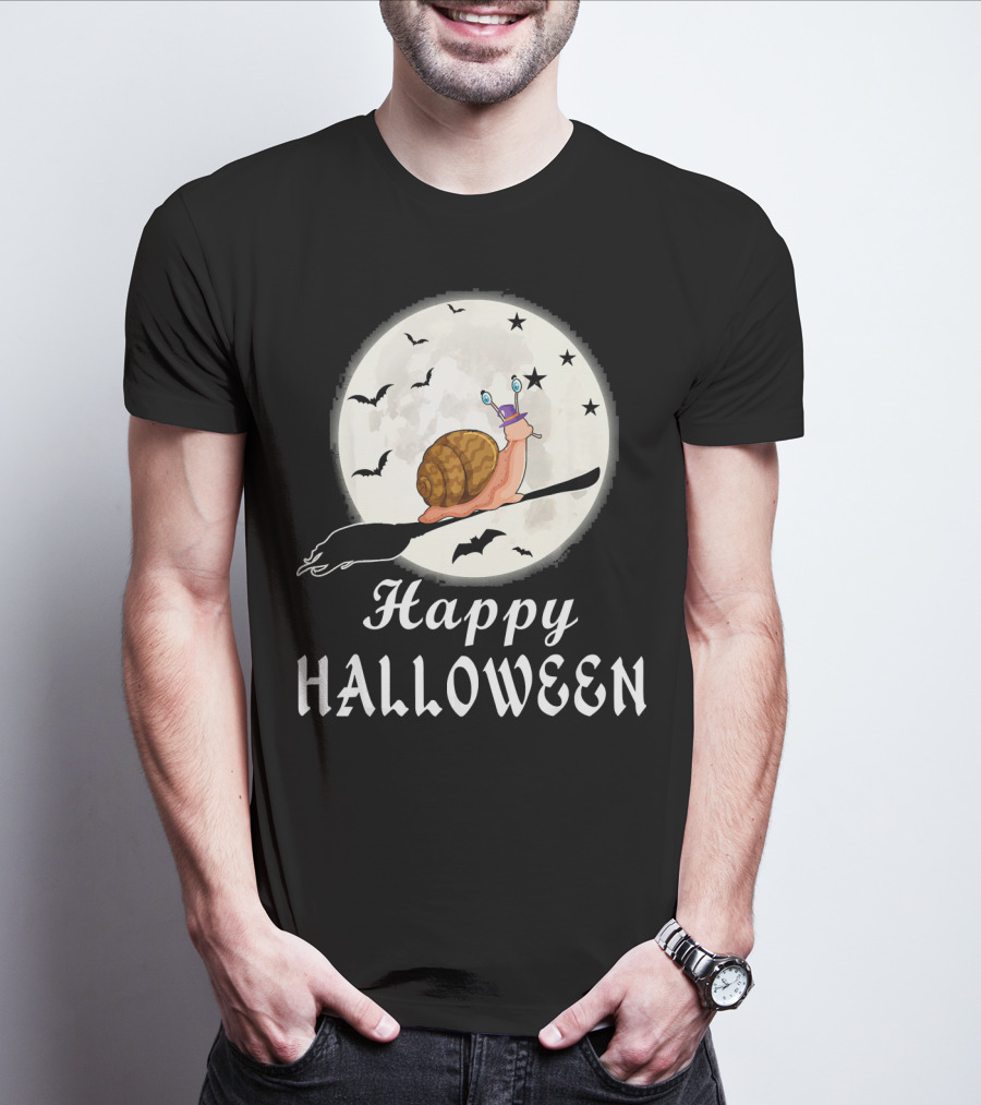 Happy Halloween Snail Riding Broomstick With Full Moon And Bats T-Shirt