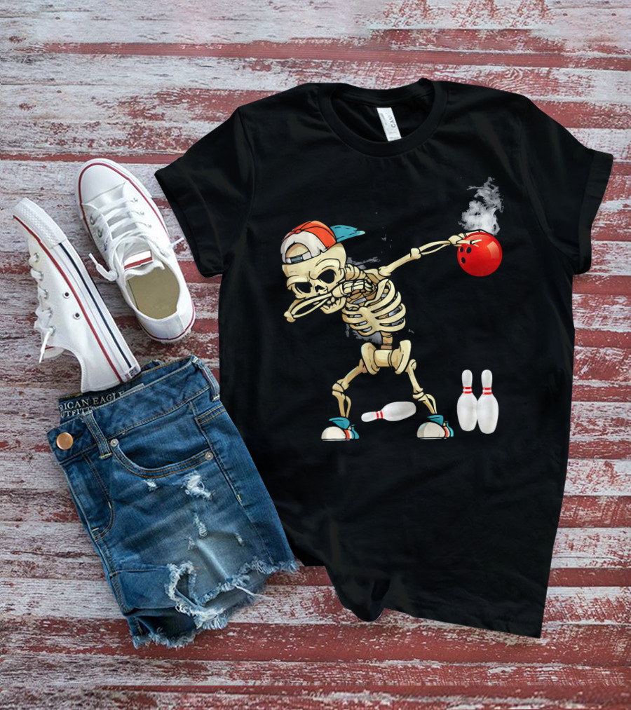 Dabbing Skeleton Holding Red Bowling Ball With Pins T-Shirt
