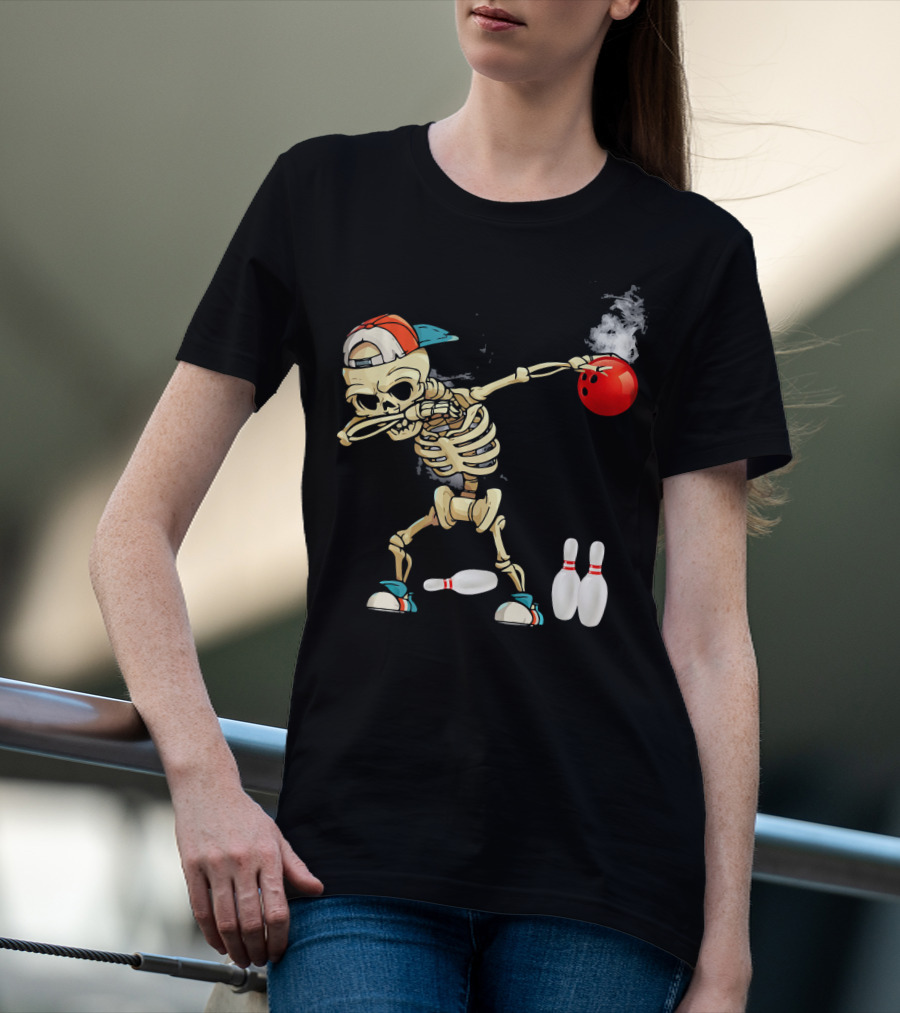 Dabbing Skeleton Holding Red Bowling Ball With Pins T-Shirt