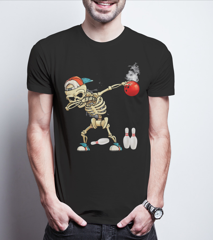 Dabbing Skeleton Holding Red Bowling Ball With Pins T-Shirt