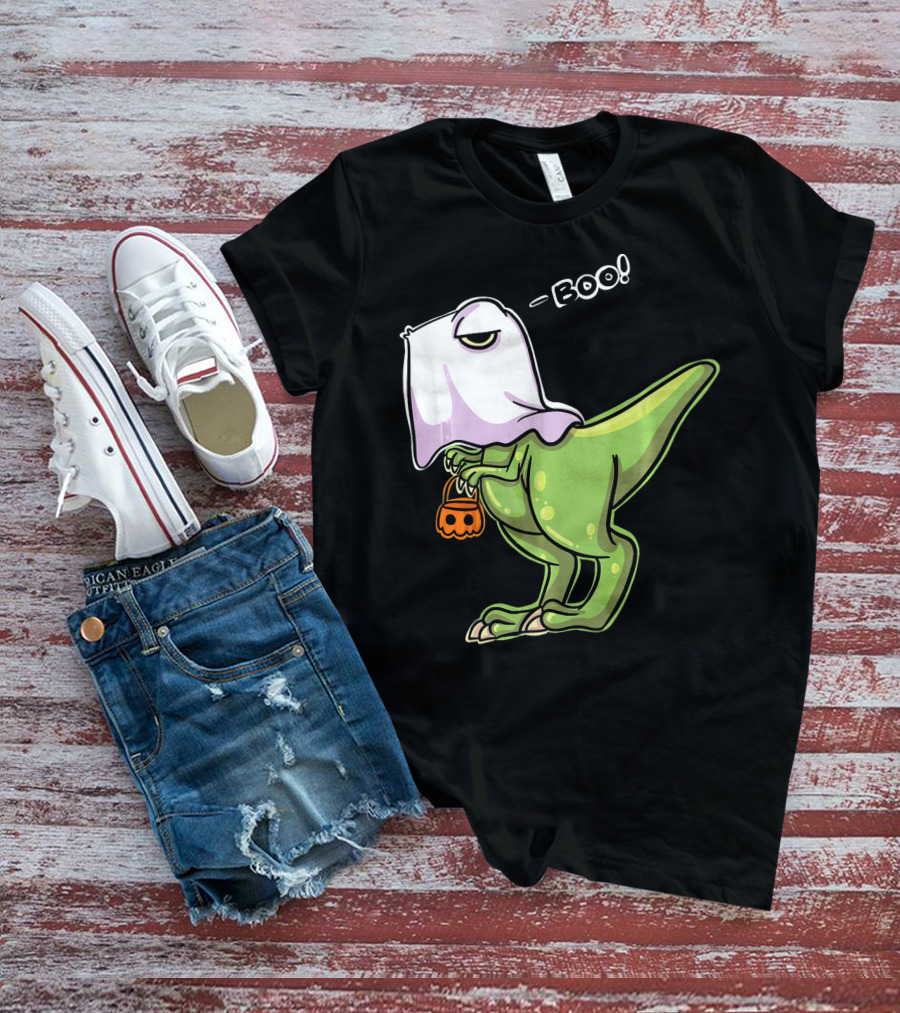 Funny Dinosaur Dressed As Halloween Ghost With Boo Text And Pumpkin T-Shirt