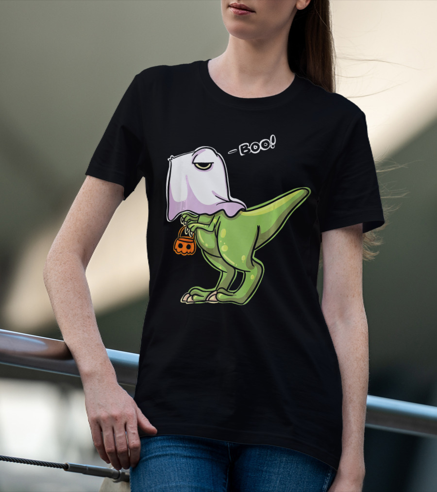 Funny Dinosaur Dressed As Halloween Ghost With Boo Text And Pumpkin T-Shirt